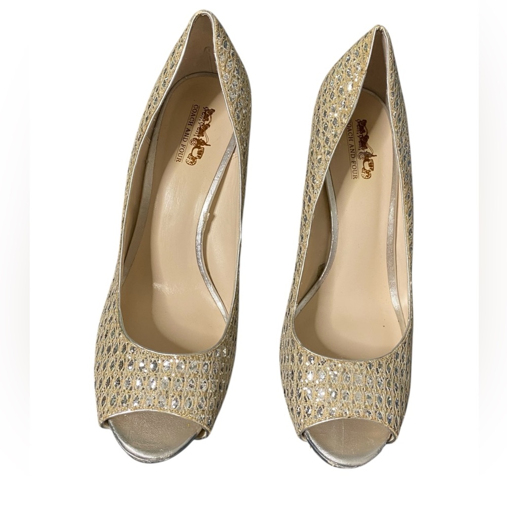 Coach and Four Gold and Silver Peep-Toe Heels